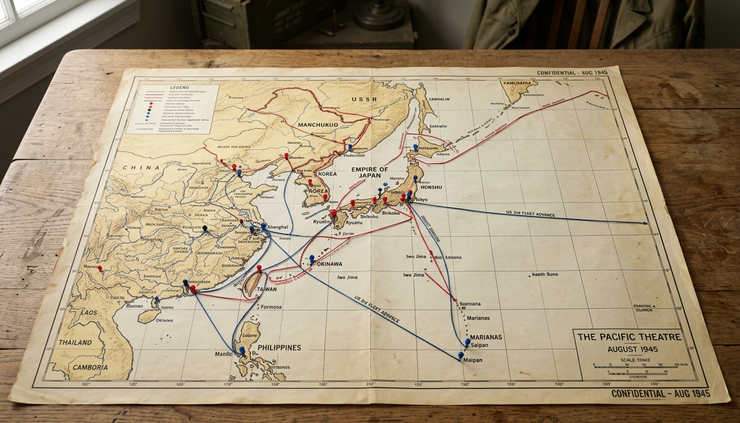 Wide-angle view of a wartime Pacific map with Japan, Manchuria, and the Soviet Far East marked by simple pins