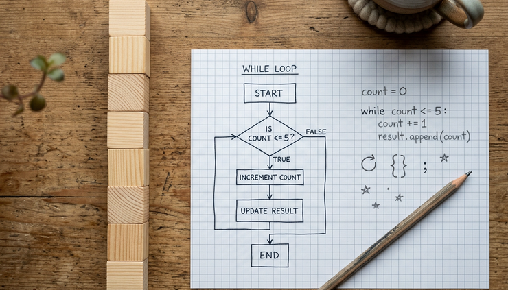 Overhead view of wooden blocks arranged like a call stack beside a handwritten loop diagram