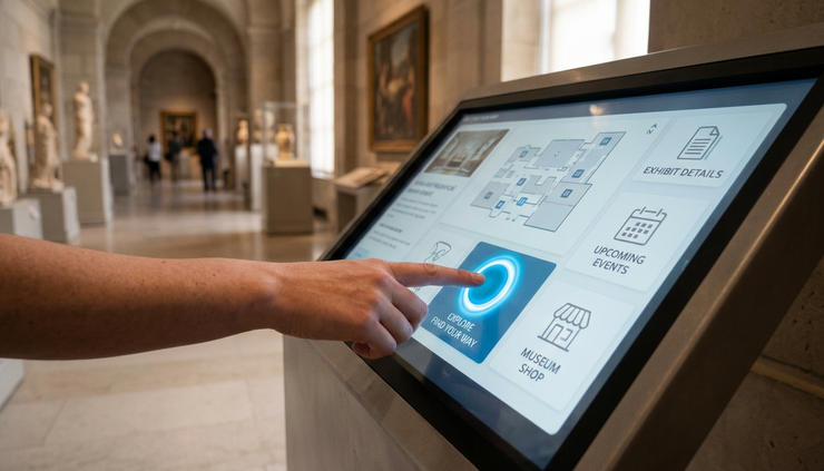 Eye-level view of a hand reaching toward a large touchscreen button on a public kiosk