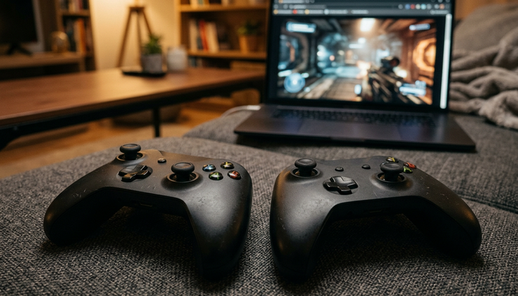 Close-up view of two game controllers on a couch with a laptop screen glowing in the background.