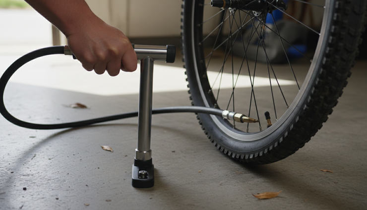 Eye-level view of a bicycle pump compressing air into a tire.