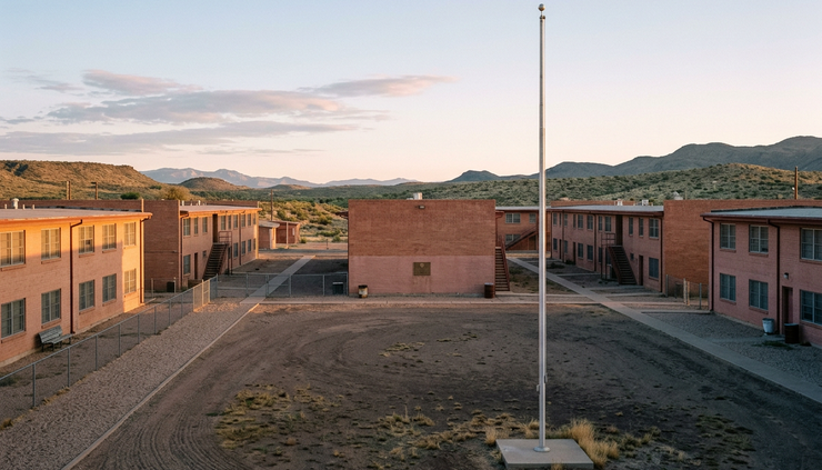Wide-angle view of an empty military school courtyard at sunrise.
