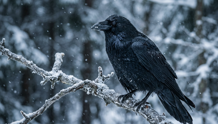 Close-up of a dark raven perched on a bare branch in falling snow