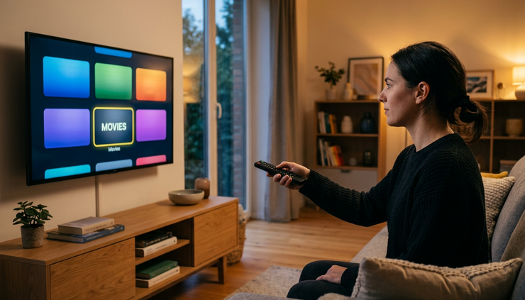 Side view of a person using a TV remote to navigate large on-screen tiles