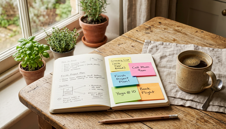 Overhead view of a kitchen table with a notebook, colored sticky notes, and a half-full coffee cup.
