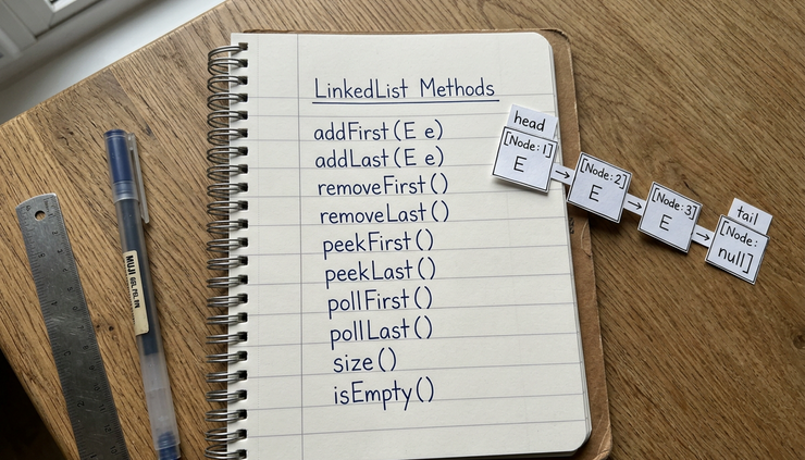 Overhead view of a notebook with handwritten Java LinkedList method names.