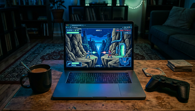 Eye-level view of a laptop on a coffee table with a sci-fi canyon level displayed in a browser window.