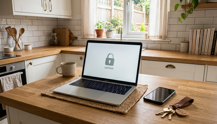 Wide-angle view of a kitchen counter with a laptop, phone, and key ring.