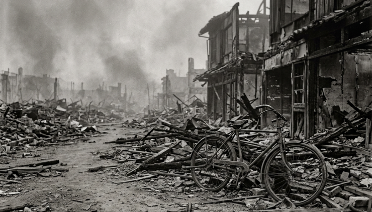 Eye-level view of a ruined city street with a lone bicycle near damaged wooden buildings