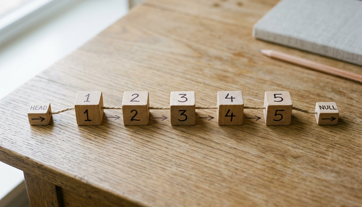 Wide-angle view of wooden blocks connected by string in a straight line.