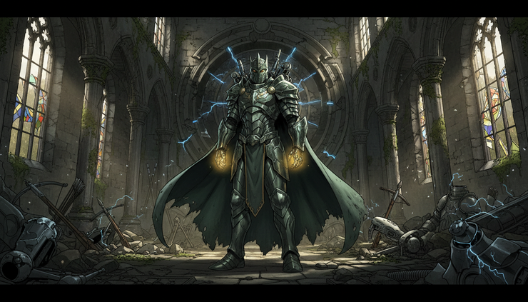 Wide-angle view of a dark green armored monarch standing in a ruined castle hall