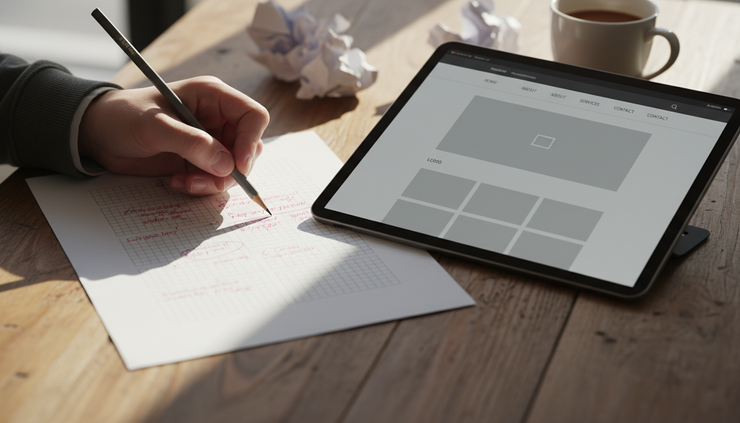 Close-up view of a hand marking edits on printed website copy beside a tablet with a clean homepage draft