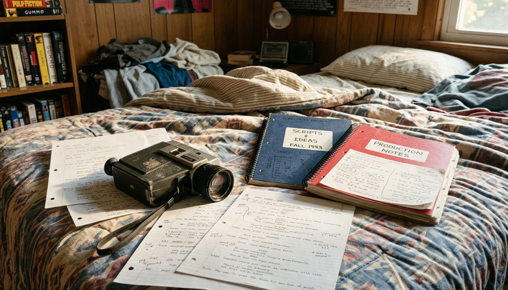 Eye-level view of two young writers’ notebooks beside a Super 8 camera in a dorm room.