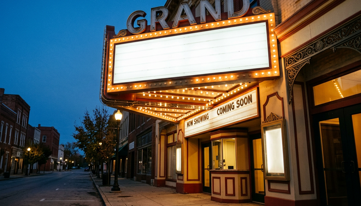 Low-angle view of an old theater marquee glowing at dusk.