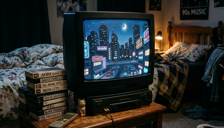 Wide-angle view of a vintage television glowing in a dark bedroom.