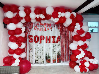 Red and white personalized birthday balloon decor for Sophia by ABI DECOR Florida.