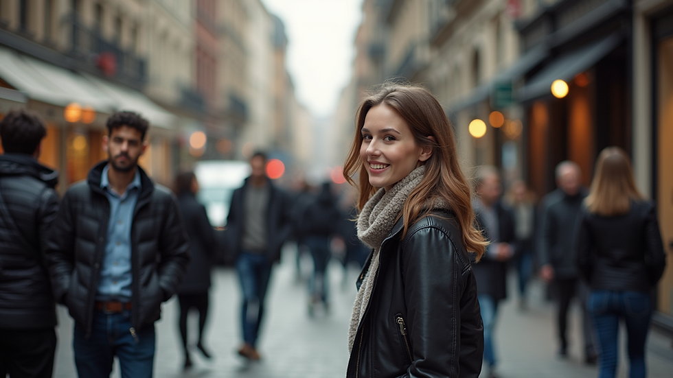 Eye-level view of a busy street with people engaged in conversation