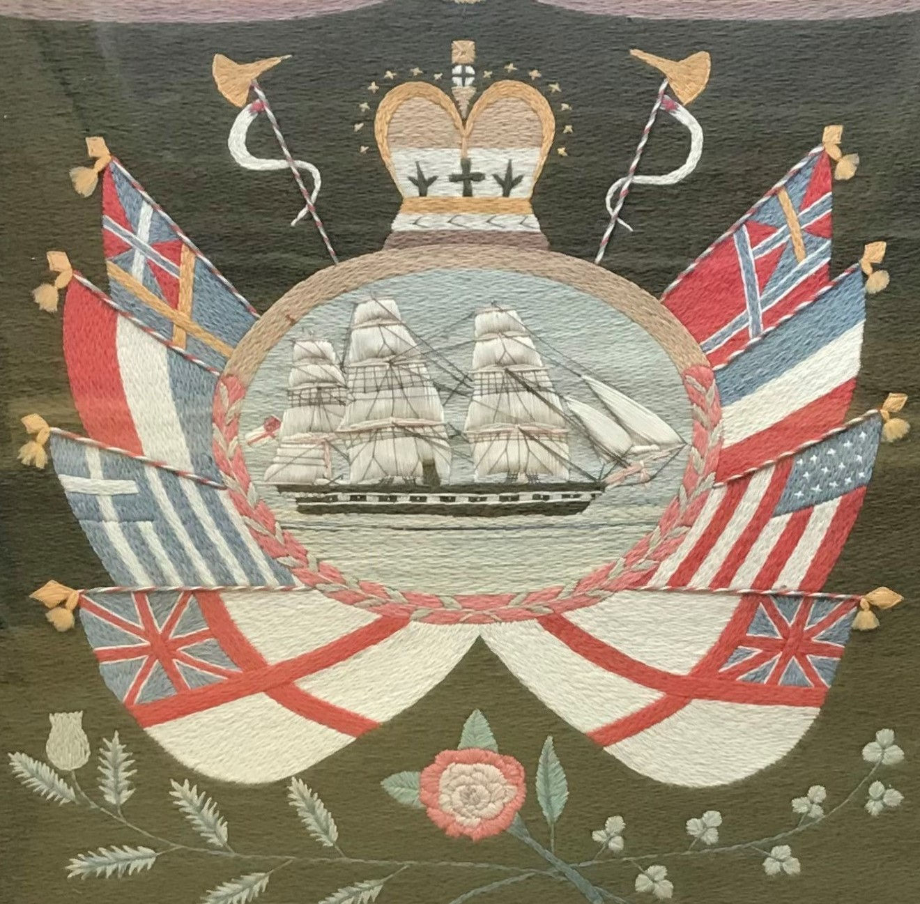 19th Century Antique Woolie with National Flags and Floral Motif.