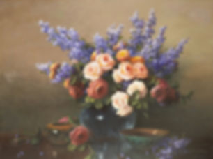 Floral Still Life with Roses, Lilacs, and Zinnias - A.D. Greer