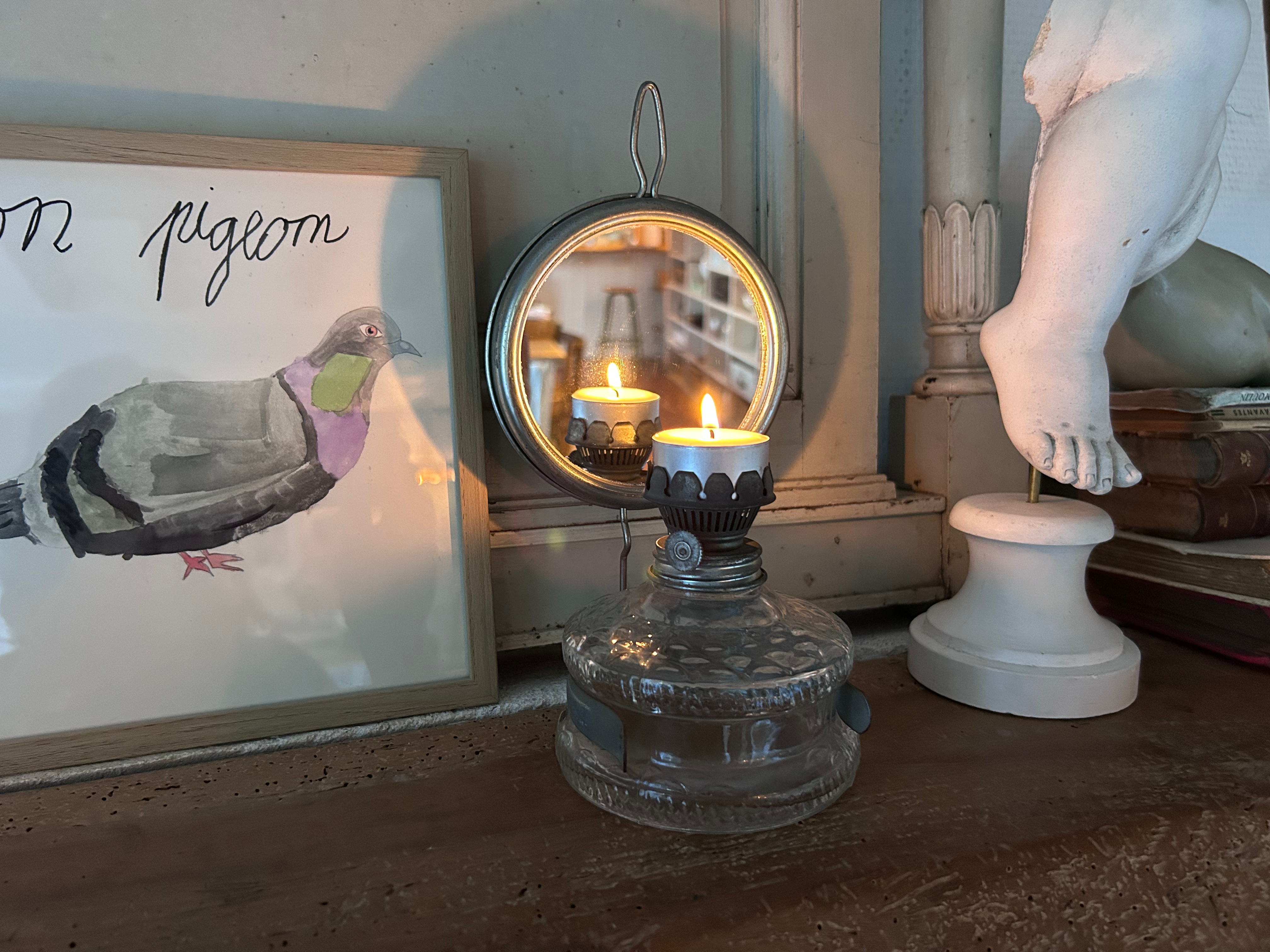 Ancienne lampe à pétrole à miroir réflecteur