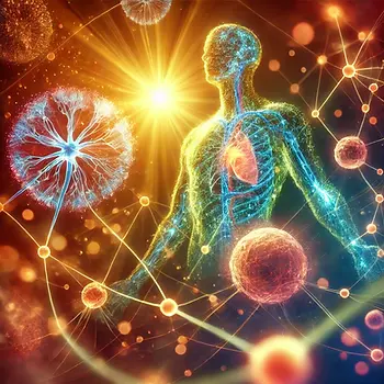 An interconnected network of glowing cells in the human body, symbolizing harmony and optimal communication between mind, body, and spirit.