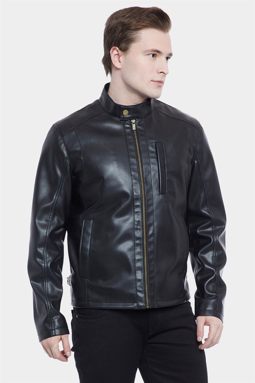 Thumbnail: Luis Mens Solid Black Lambskin Leather Jacket with Chest and Two Side