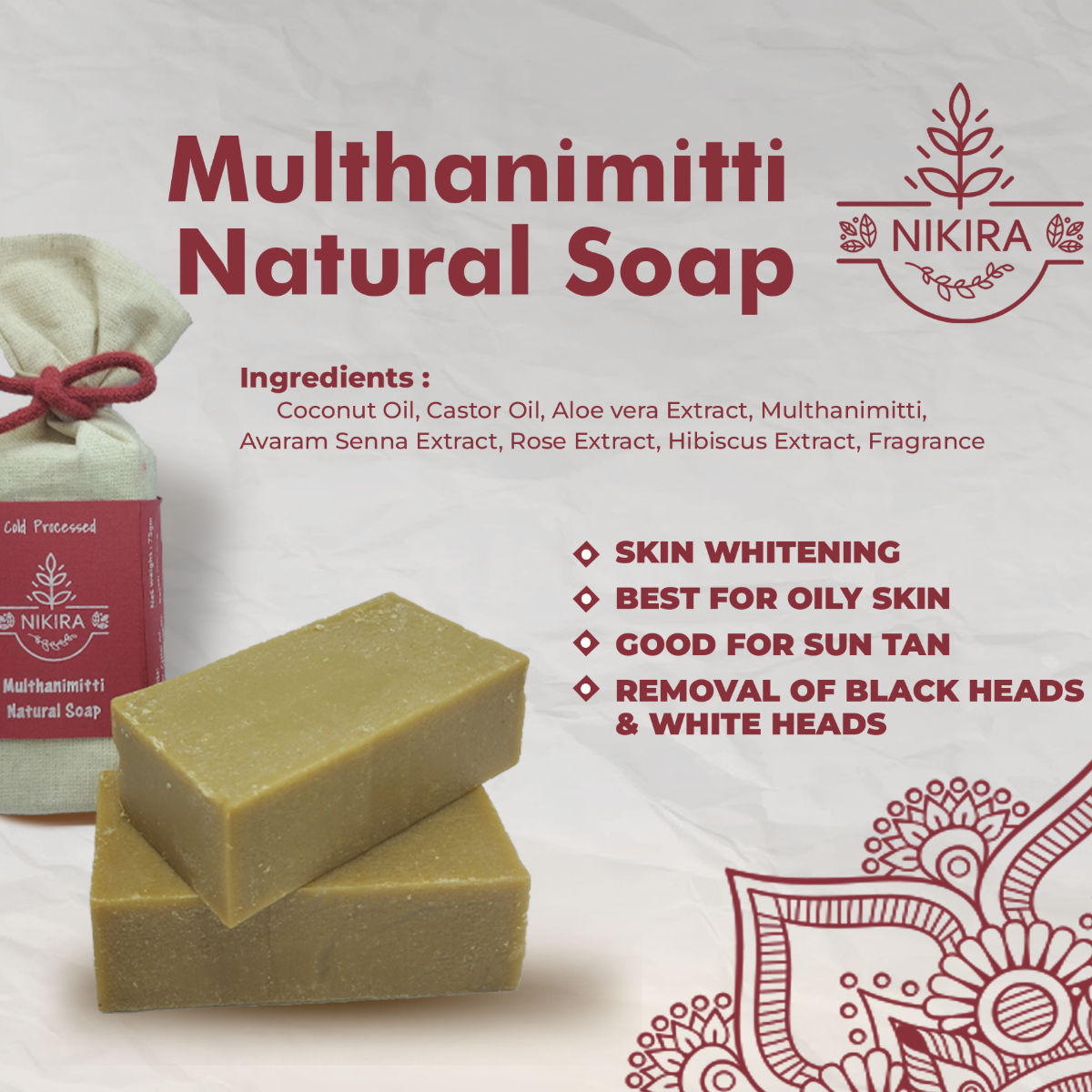 Nikira- Natural handmade Multhani mitti soap- 2 pc