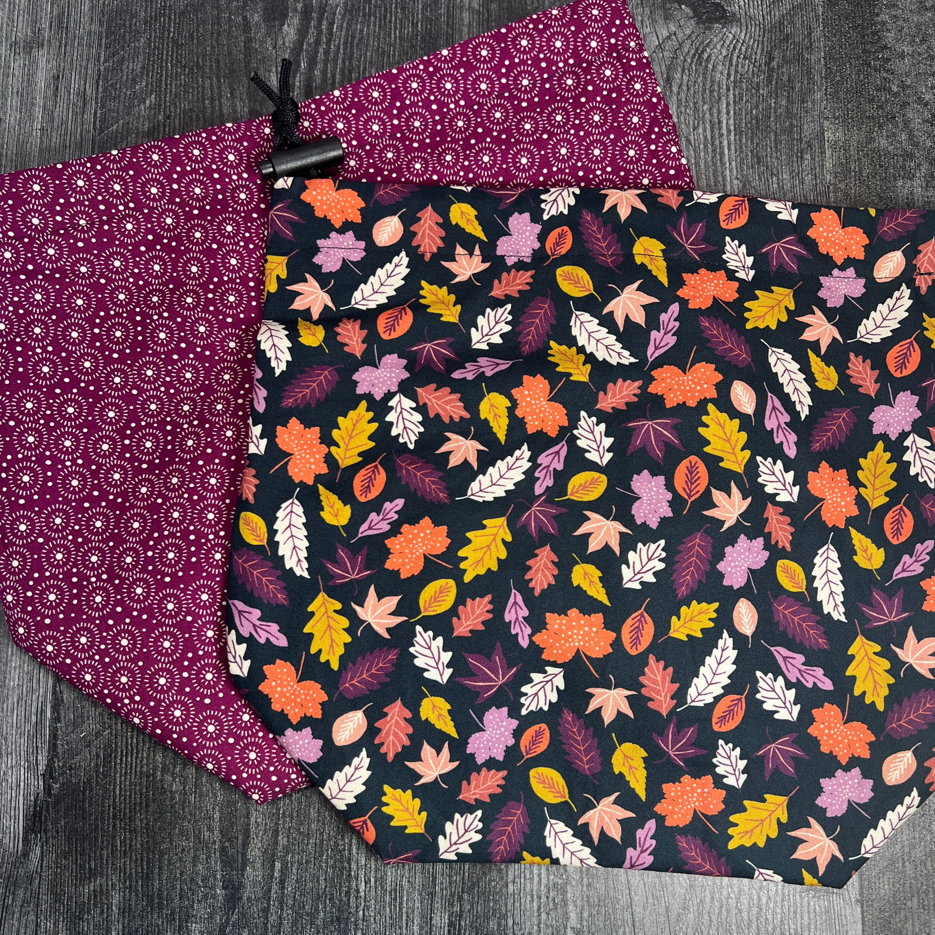 Leaves of Gold and Purple Drawstring Bags