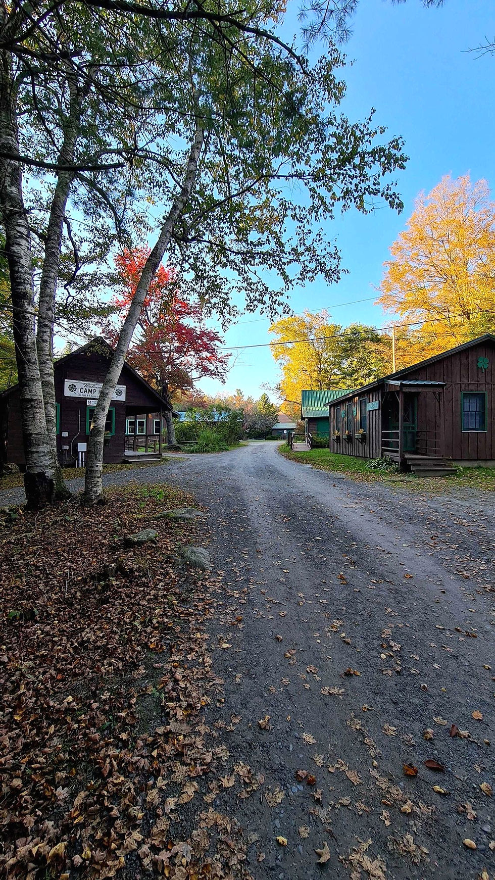 Gravel road leading through camp facilities in autumn