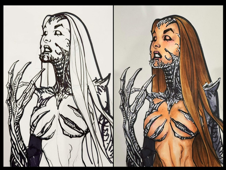 BW and color drawings of a woman (kind of) covered in a techno exoskeleton