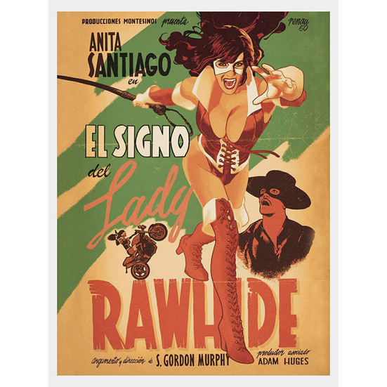 An old-time Hollywood poster featuring a corseted woman with a bullwhip, a masked man and a woman on a motorcycle