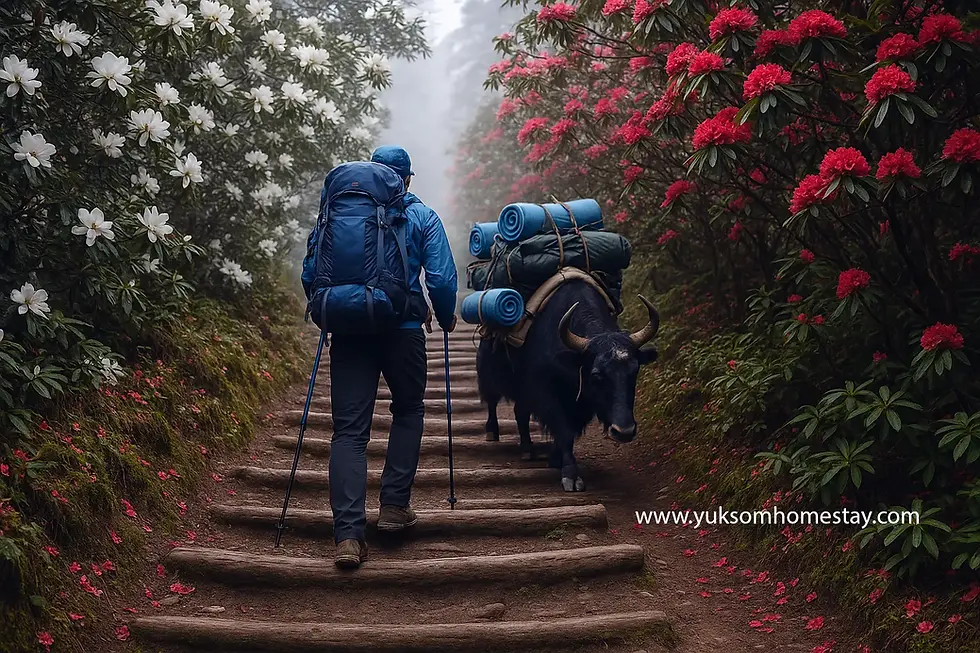 Trekker walking alongside a loaded yak on a misty forest trail lined with blooming rhododendrons during the Goechala or Dzongri Trek in Yuksom, Sikkim – a scenic Himalayan adventure.
