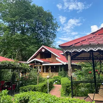 Limboo Homestay in Yuksom, Sikkim – A traditional wooden cottage with red roofs, surrounded by lush greenery, gardens, and outdoor seating.