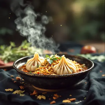 Hot and steaming bowl of traditional Sikkimese thukpa noodles topped with momos and garnished with coriander, served in a rustic setting with fresh herbs in the background.
