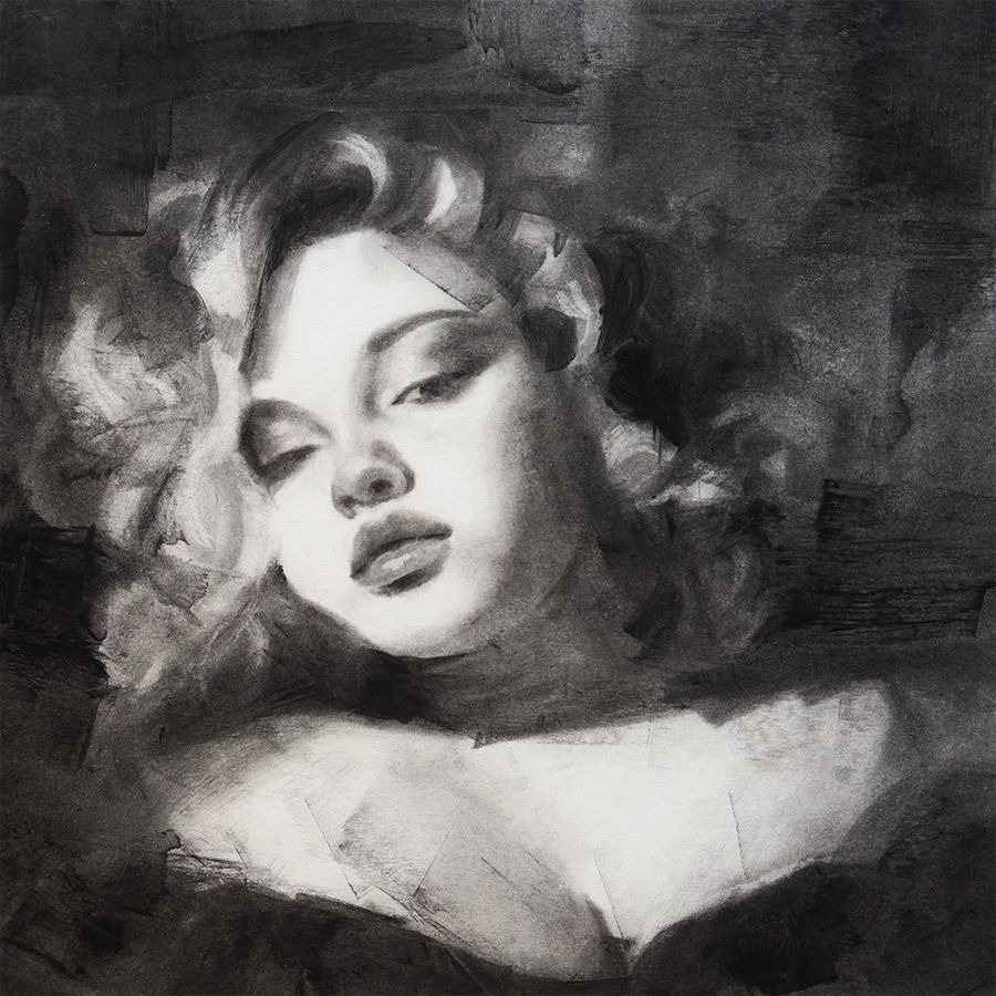 “Veiled Thoughts” charcoal drawing of a woman with a calm, steady gaze, her thoughts softly veiled beneath the surface.