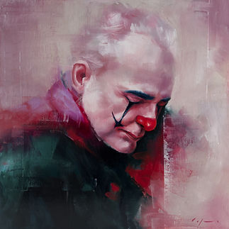 “Tomorrow’s Smile” is an oil painting of a somber clown, the fading painted smile revealing an act that begins each day anew.