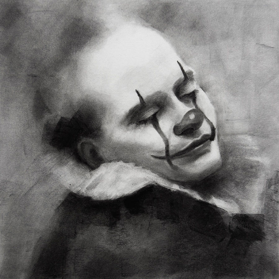 “In Character” charcoal drawing of a man with a gentle, calm expression, reflecting how performance becomes truth.