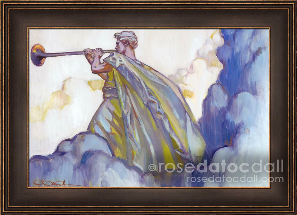 Clarion Call — framed LDS art print of the angel Moroni with trumpet by Rose Datoc Dall.