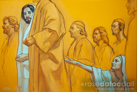 Woman of Faith 04 by Rose Datoc Dall — oil on canvas painting (24x36, 2022) depicting a woman healed by touching the hem of Jesus’ garment, capturing faith, devotion, and divine healing.