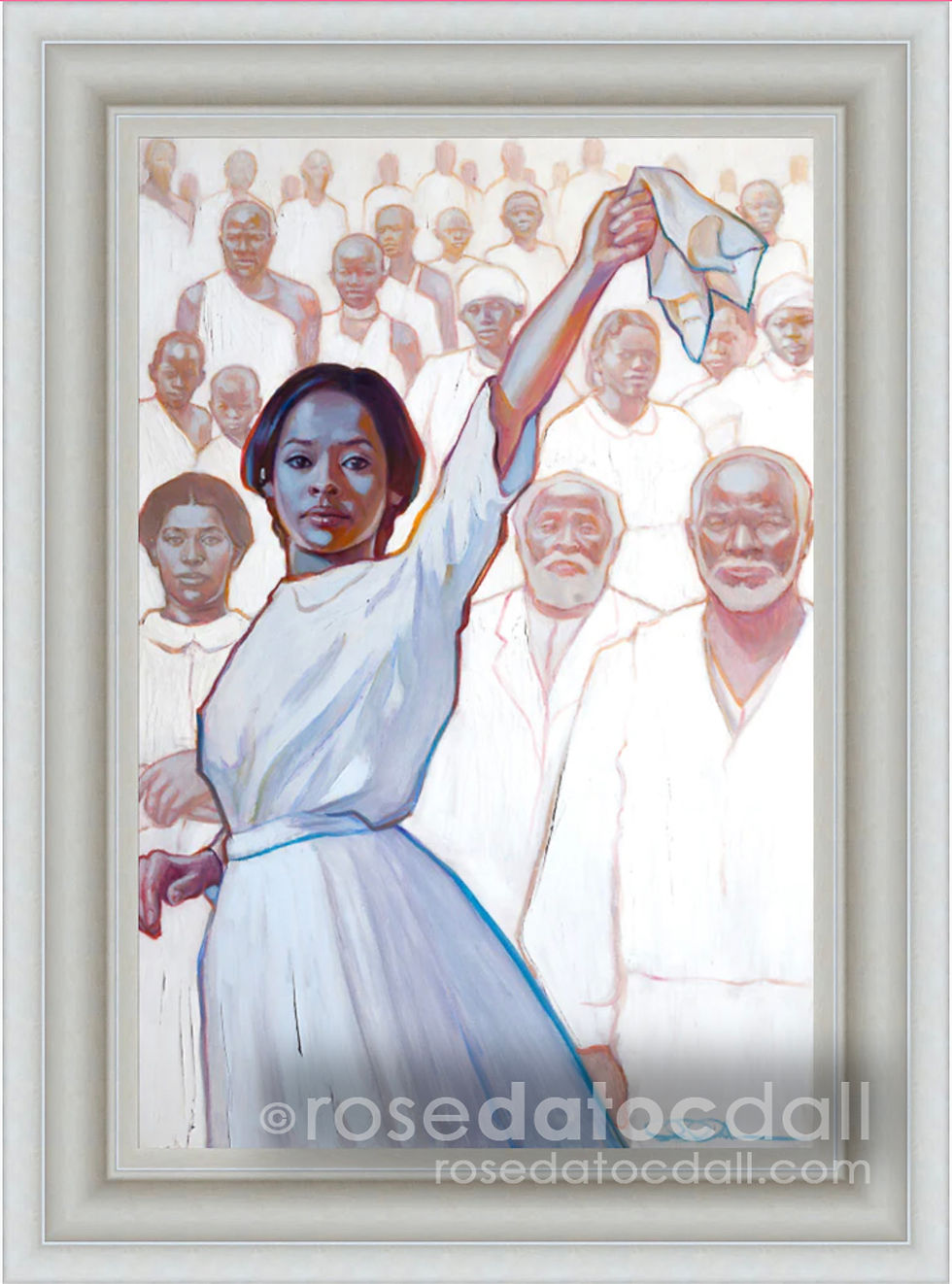 Thumbnail: Mourning’s Hosanna — framed LDS art print of a freed woman rejoicing with ancestors by Rose Datoc Dall.