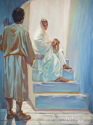 “Mary and Joseph” by Rose Datoc Dall, 36x48 oil on canvas, 2003, available for purchase. Portrait of Joseph seeing Mary with awe after the angel’s message.
