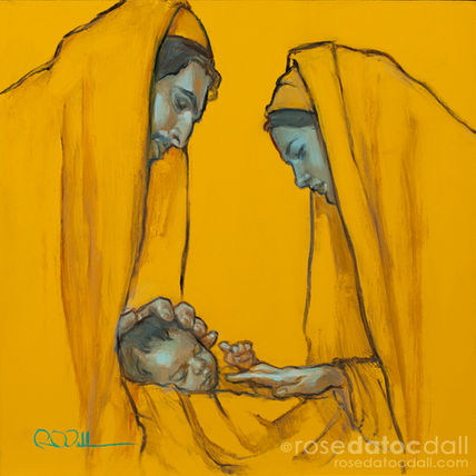 “With Wondering Awe” by Rose Datoc Dall, 8x8 oil on panel, 2020, sold. Mary and Joseph gaze with awe and reverence at the newborn Jesus, filled with wonder at His divine purpose.