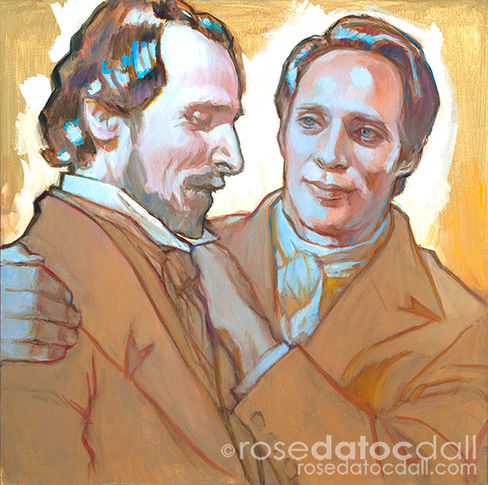 “Friends at First Shall Be Friends at Last” by Rose Datoc Dall, 18x18. Joseph Smith extends forgiveness to W. W. Phelps, portraying reconciliation and grace.