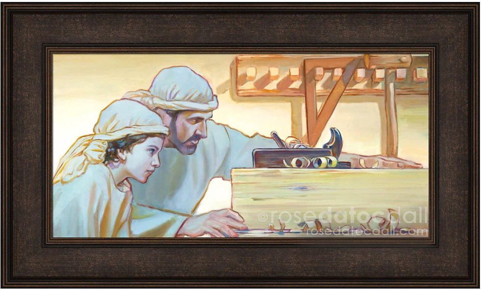 Thumbnail: Straight and True — framed LDS art print of young Jesus learning carpentry from Joseph by Rose Datoc Dall.