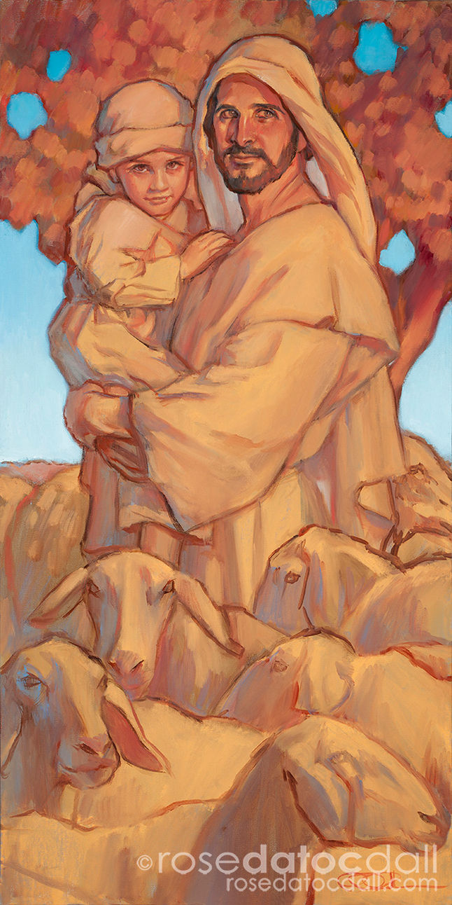 “Joseph and Boy Jesus” by Rose Datoc Dall, 15x30 oil on canvas, 2014, sold. Scene of Joseph with the young Jesus, illustrating guidance and fatherly care.