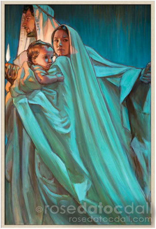 Escape by Night — framed LDS art print of Joseph, Mary, and the Boy Jesus fleeing to Egypt by Rose Datoc Dall.