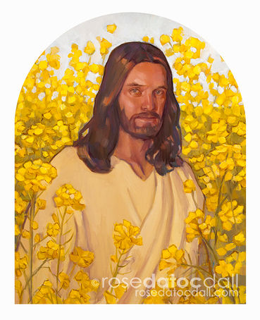 Faith as the Mustard Seed by Rose Datoc Dall, 16x20 oil on canvas (2015, sold), symbolic portrait of Christ with mustard flowers representing faith.