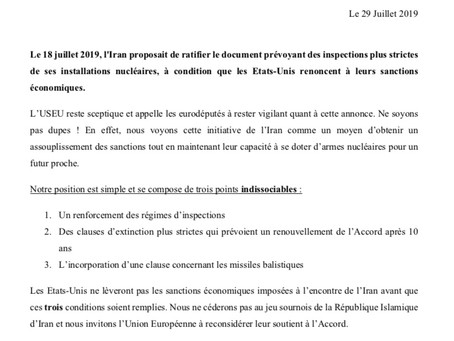 L’USEU reste sceptique face aux propositions de l’Iran du 18 juillet 2019