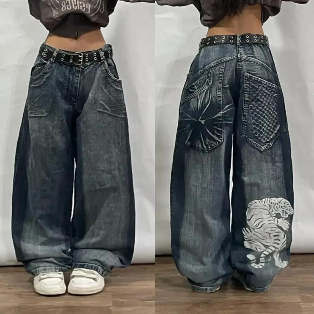New Harajuku American Ins Retro Big Tiger Head Embroidered Loose Jeans Y2K