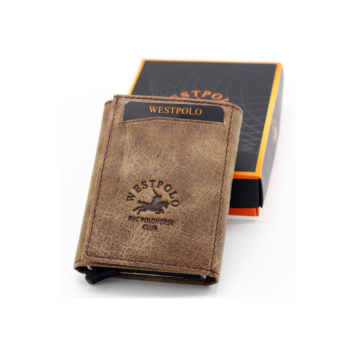 Men's Brown Genuine Leather Mechanism Wallet Card Holder
